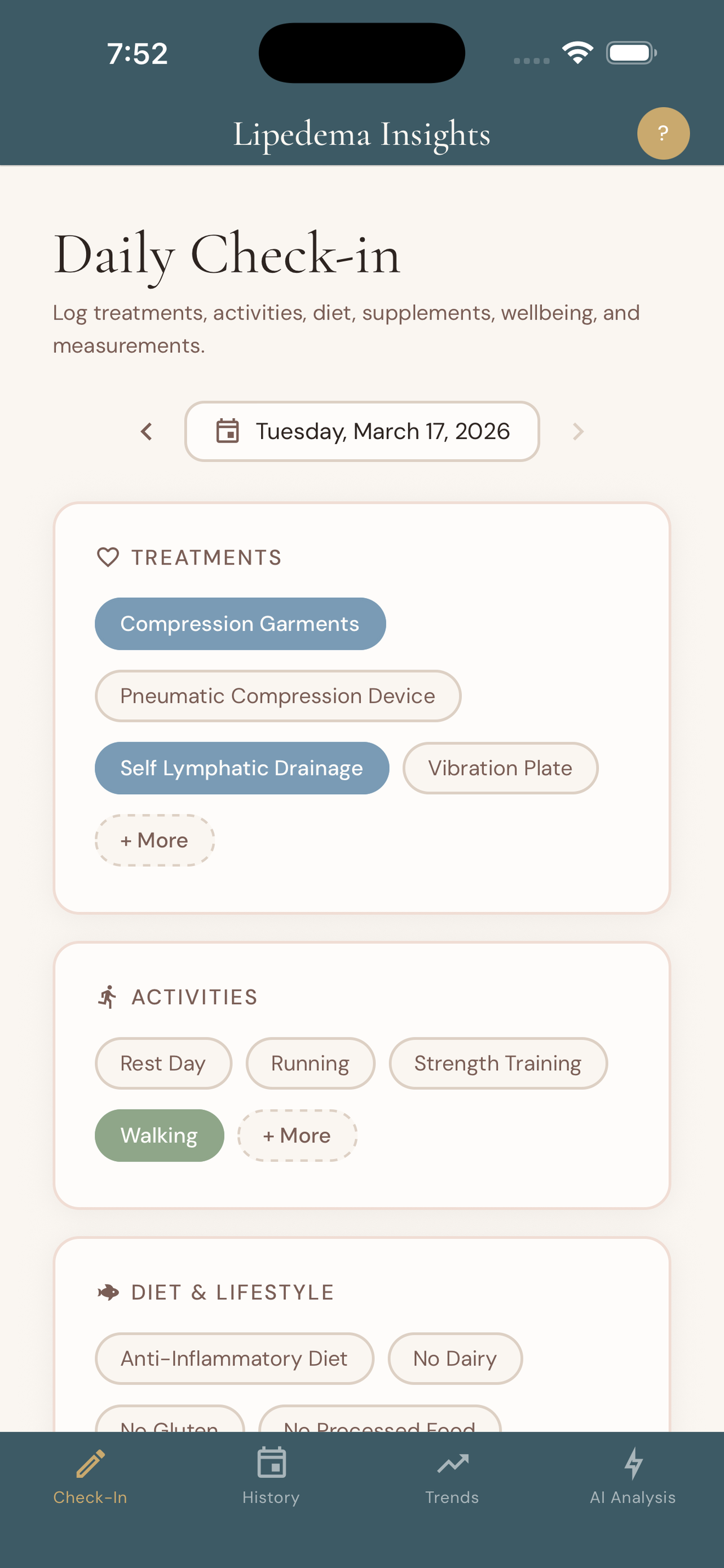 Daily check-in screen showing treatments, activities, and diet tracking with simple toggle buttons
