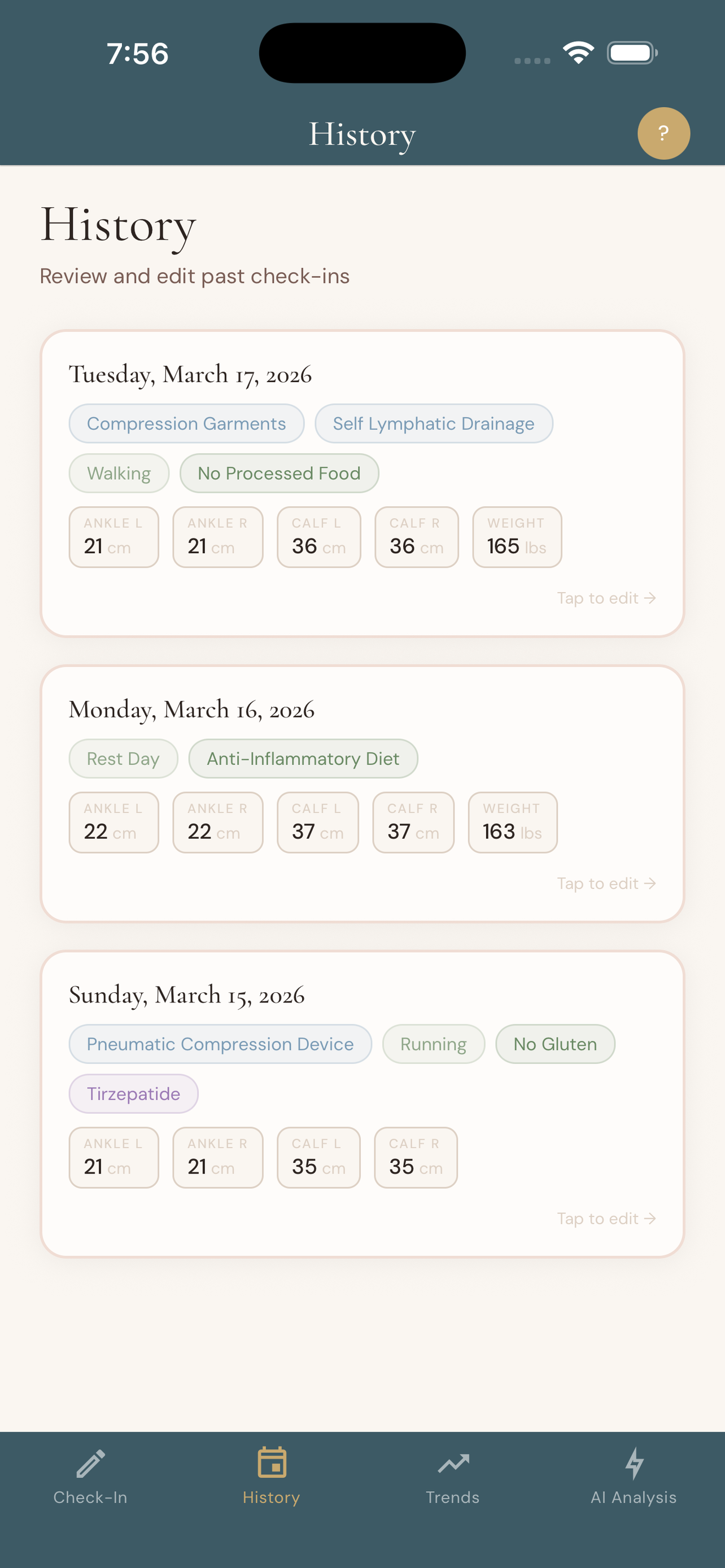 History screen showing past daily check-ins with measurements and treatments logged